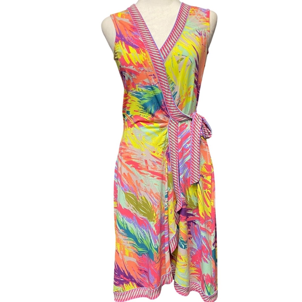 BCBGMAXAZRIA Safiya Wrap Dress Womens XXS Multicolor Tie Dye Midi V Neck Belted